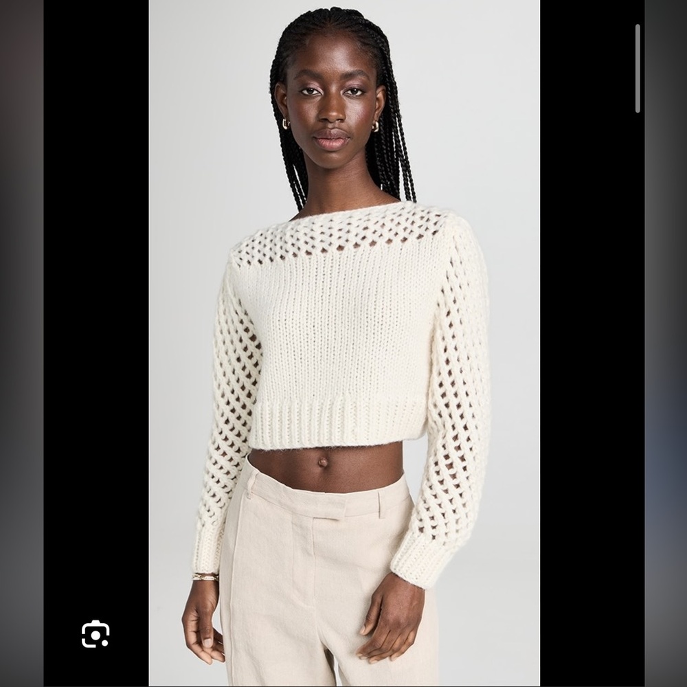 LoveShackFancy Cream Open-Knit Cropped Larson Crewneck Sweater XS